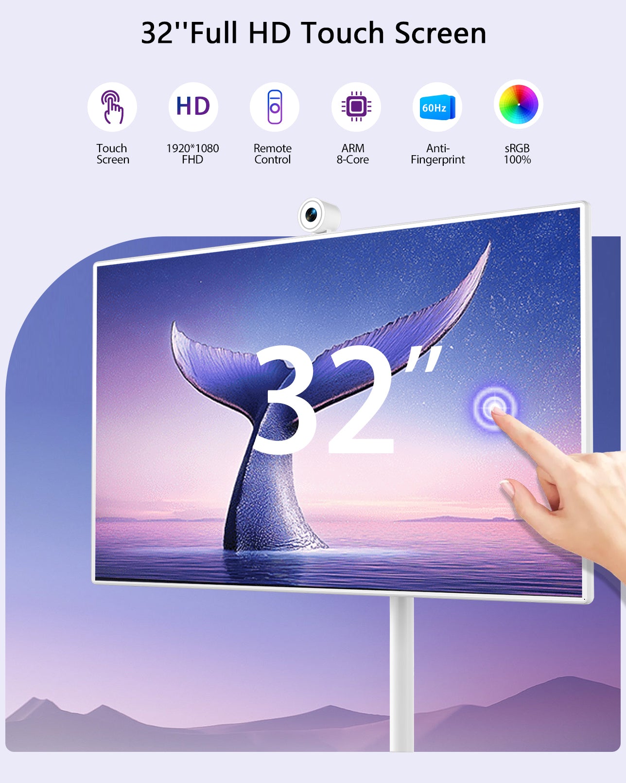 32 inch screen, 10-point FHD touch screen portable TV on wheels, smart digital display
