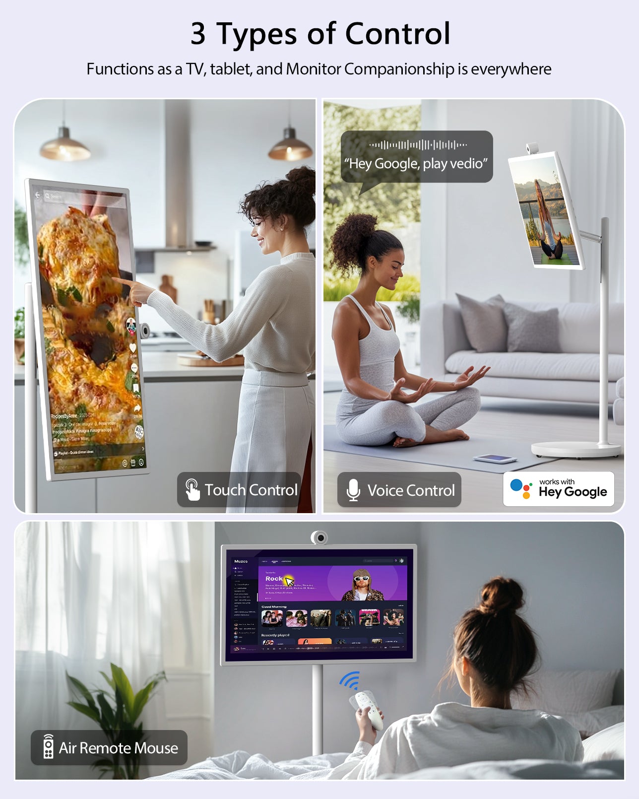 3 types smart control 32 inch portable TV on Wheels: touch control, voice control, Air remote mouse