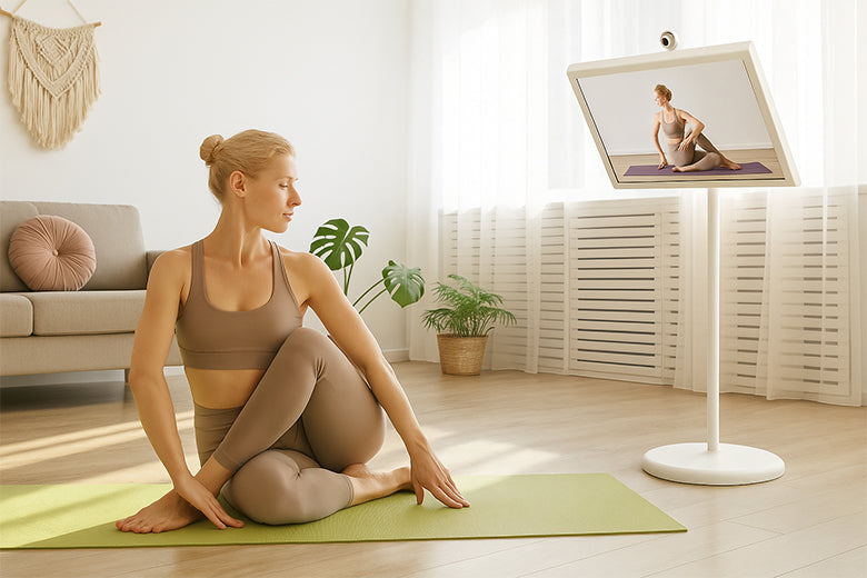 with multiple adjustment options: Tilt ±20°, Lift ±20cm, Swivel ±45°, Pivot ±90°, you can use it for workouts, like Yoga.