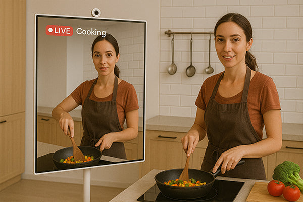 You can use GFF portable TV on wheels for Live, with our external 2K HD camera, you can show your cooking everytime.