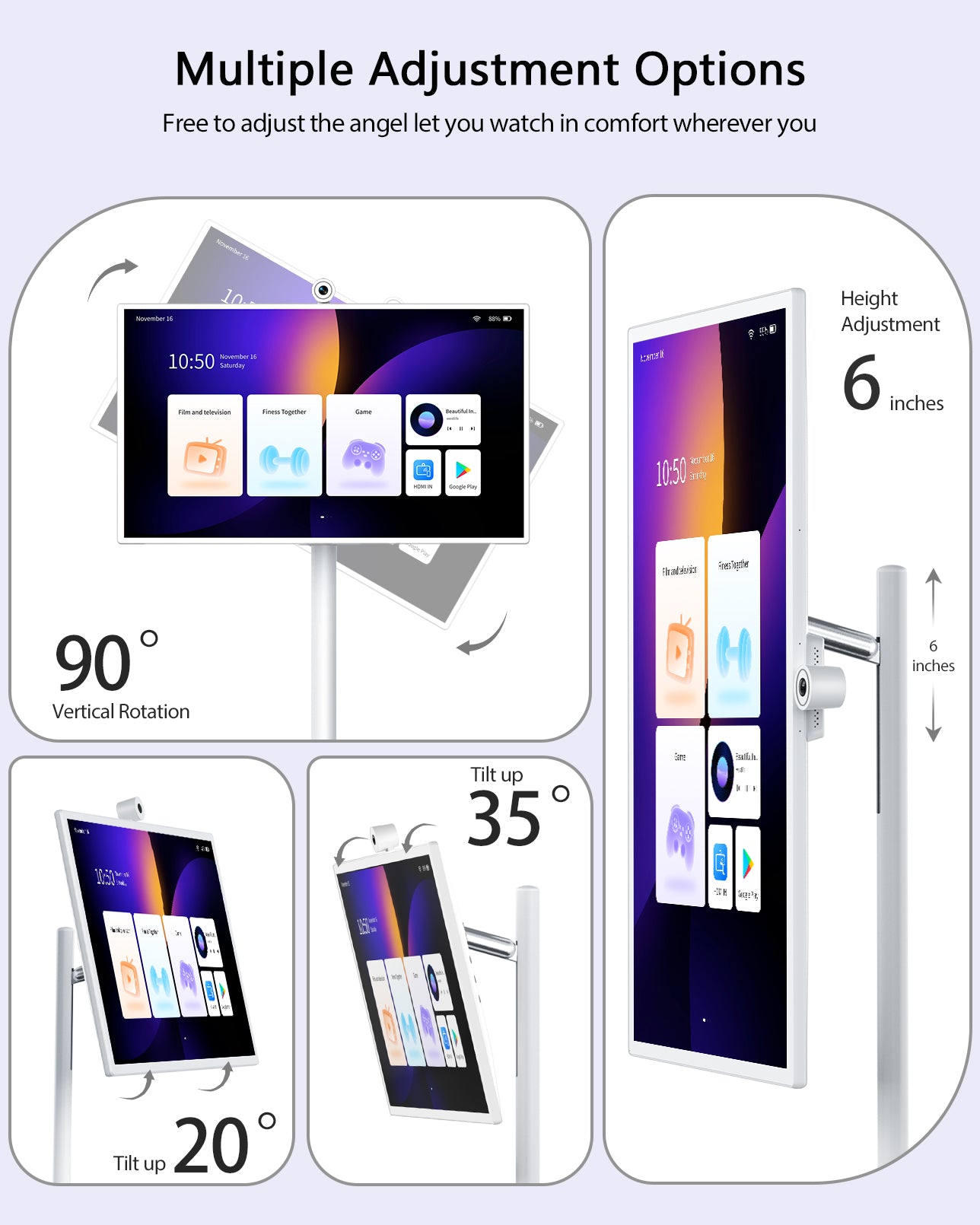 GFF AI-S1 Multiple adjustment portable TV on wheels: Tilt ±20°
Lift ±20cm
Swivel ±45°
Pivot ±90°