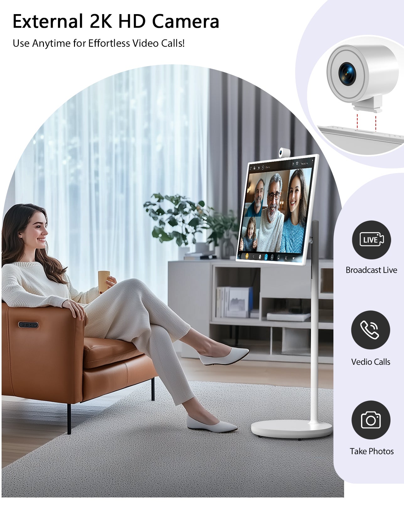 Portable TV on wheels with 2K HD camera