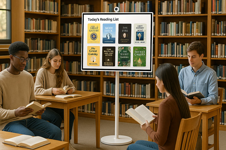 Use this smart TV on wheels with a digital display for book share presentations in the library