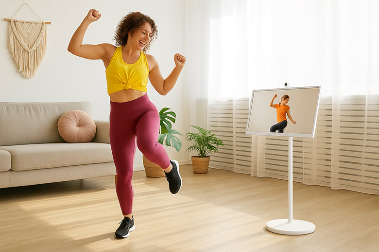 If you like squats or HIIT, you can use this portable TV on wheels to play videos.