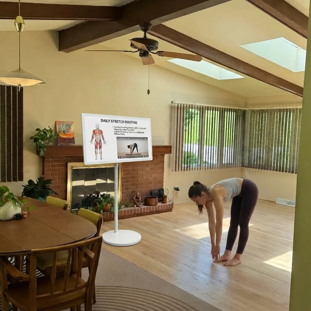 Stretching with a portable TV on wheels