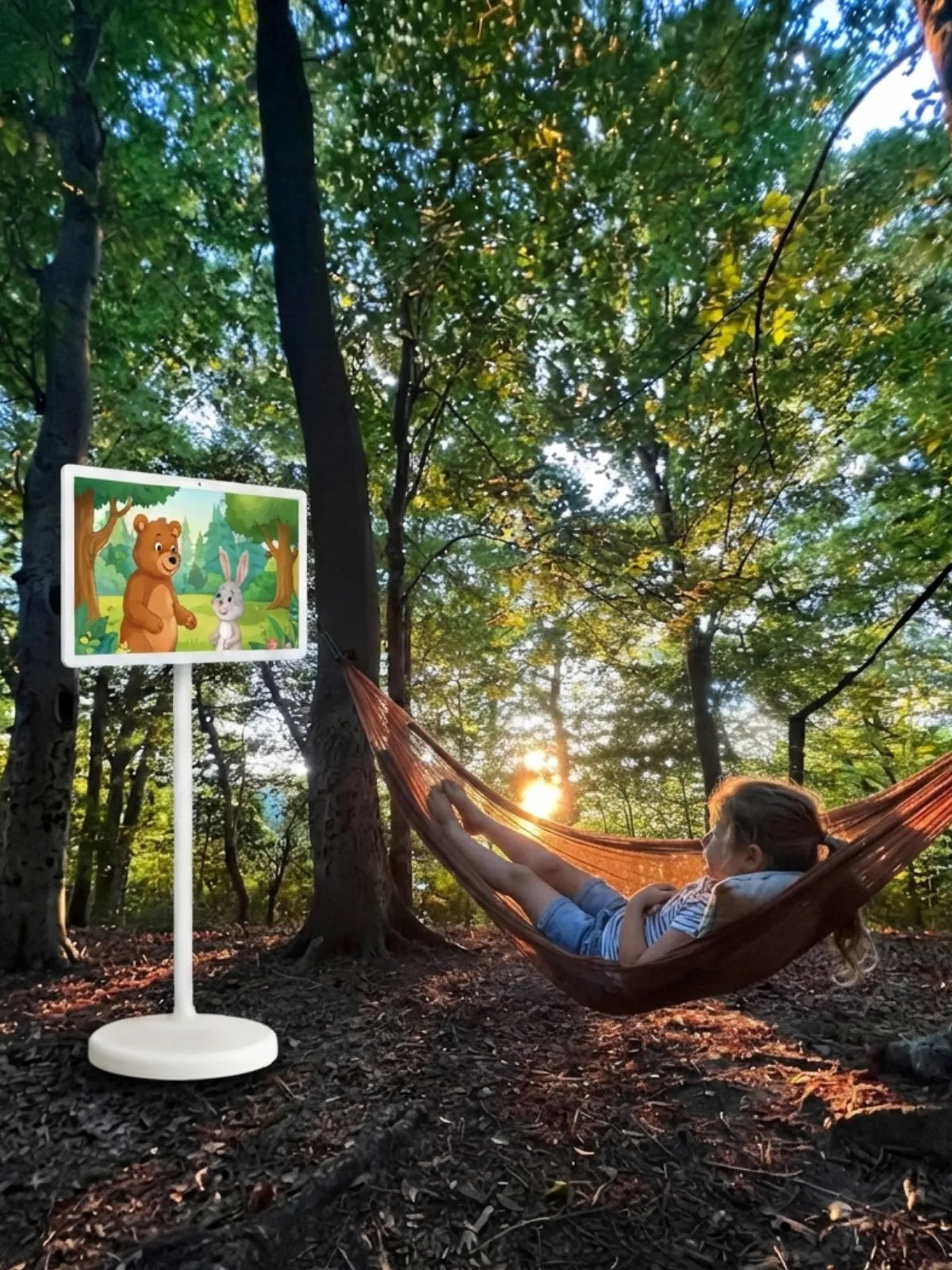 watching cartoons on the portable touch screen while swinging