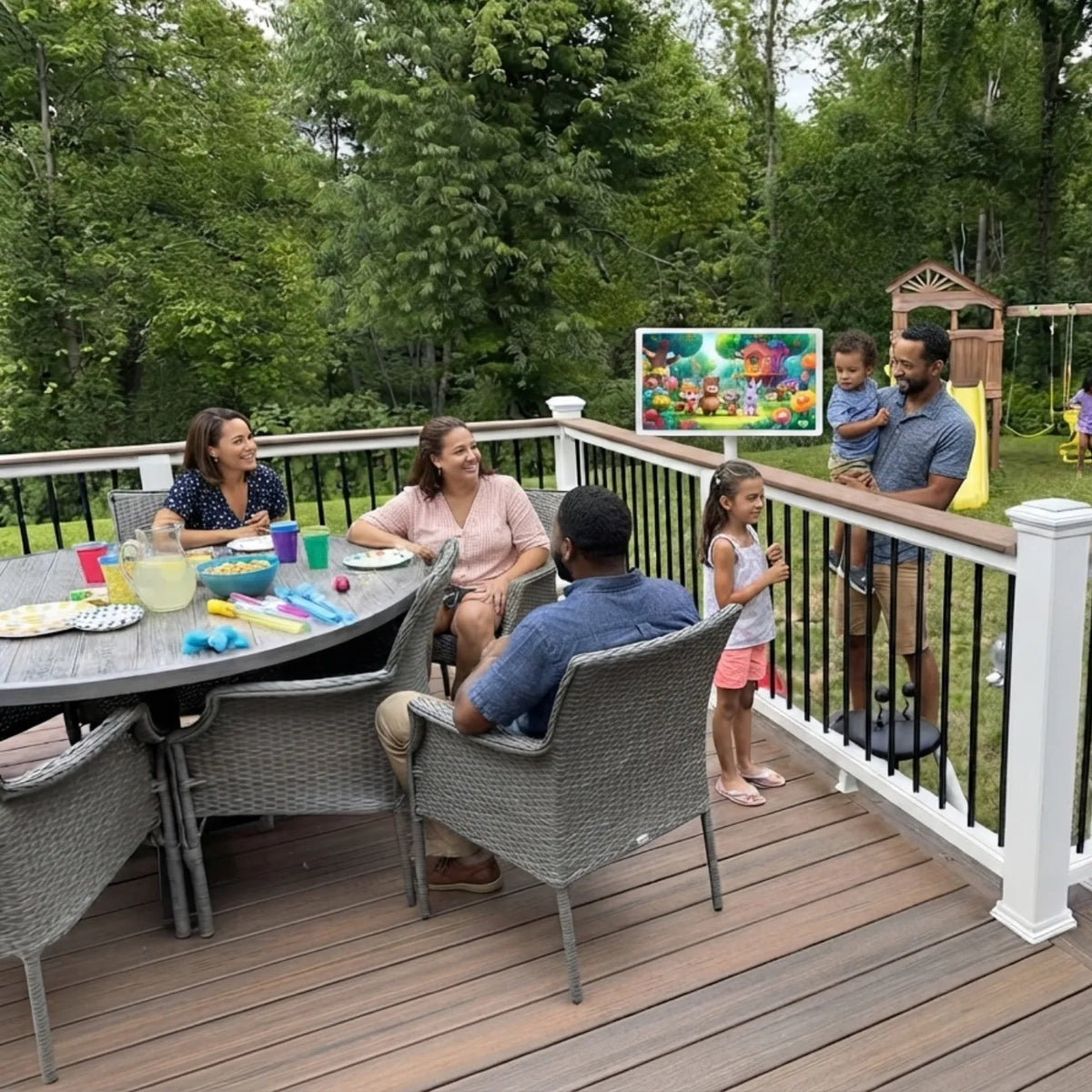 weekend gatherings with a touch screen tv playing videos