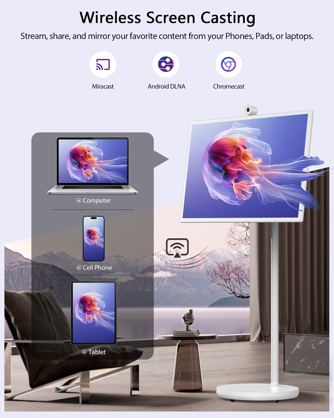 Wireless screen casting with phones, pads, tablets with Miracast, Android DLNA, Chromecast technology.