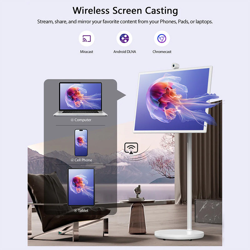 Wireless screen casting with phones, pads, tablets with Miracast, Android DLNA, Chromecast technology.