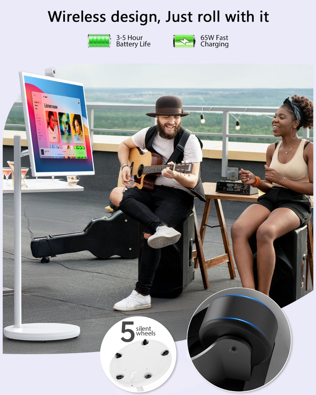 Wireless design portable TV on Wheels, you can have more than 5 hours wireless use.