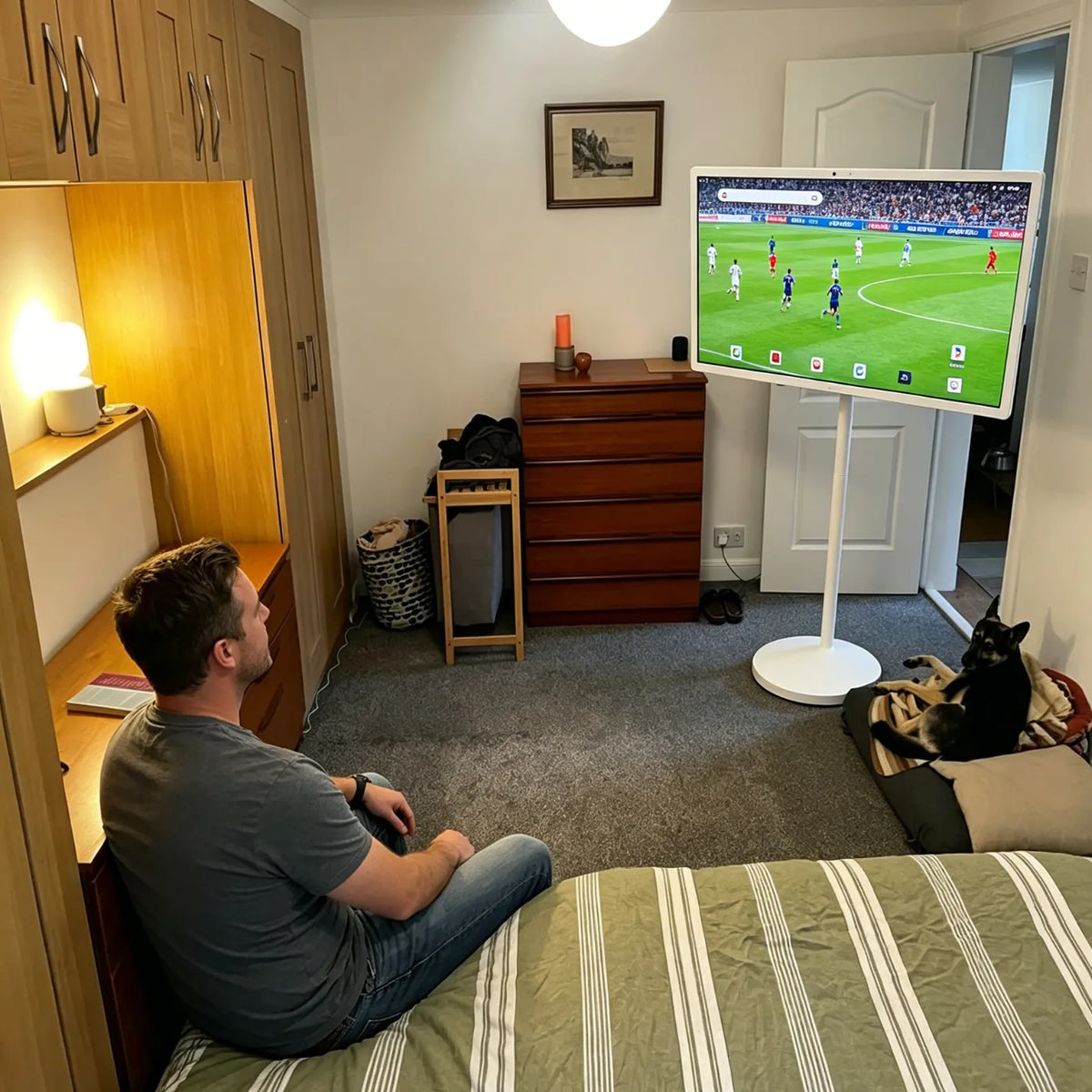 A man is sitting at the foot of the bed watching a football match on his 32-inch 4K GFF large screen.