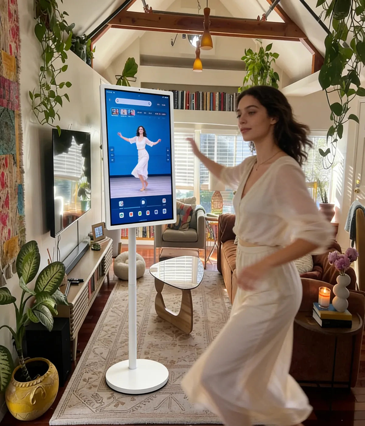 a woman dances with a portable TV on wheels