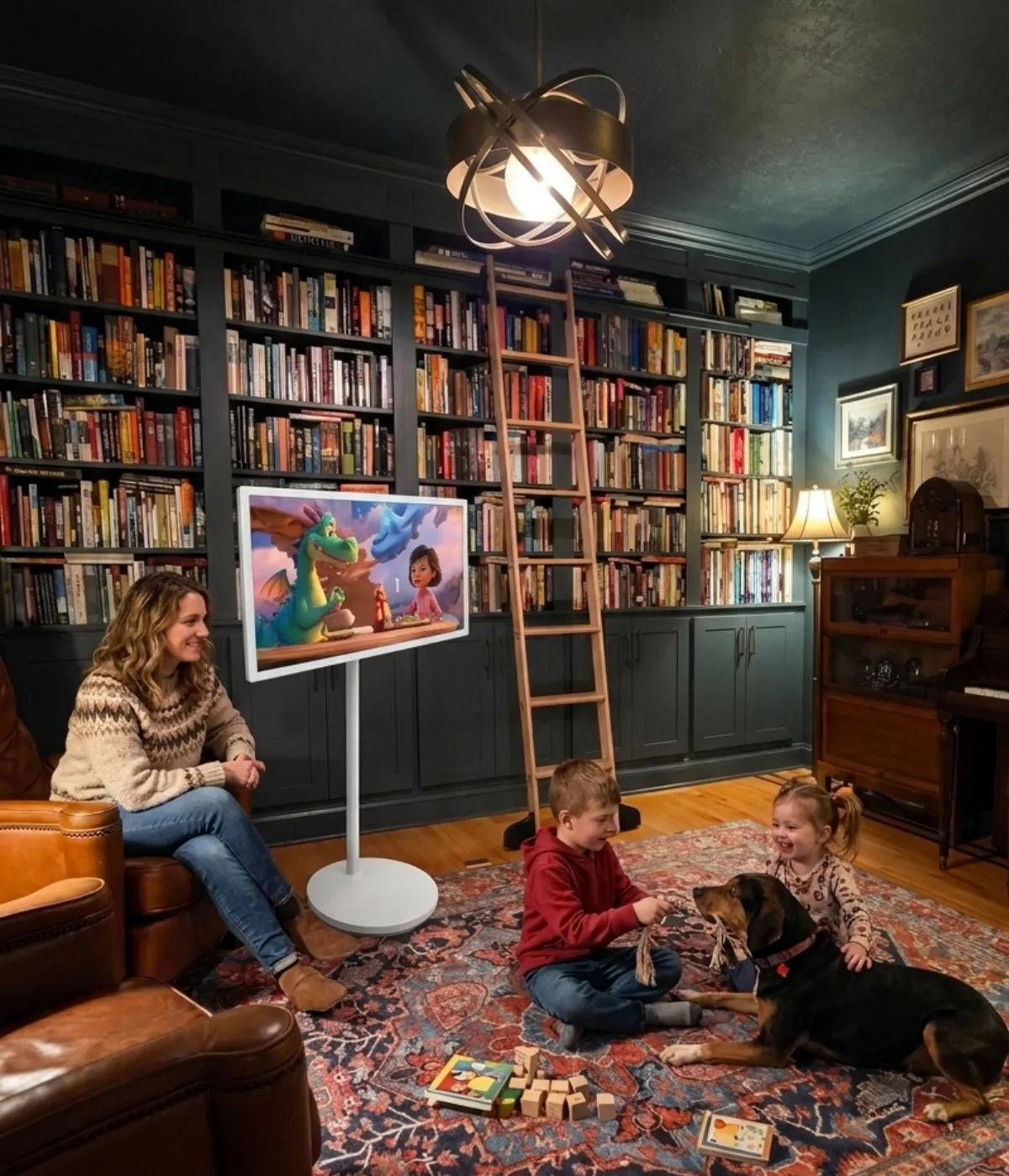 family playing time with a 4K portable smart screen on wheels playing cartoon