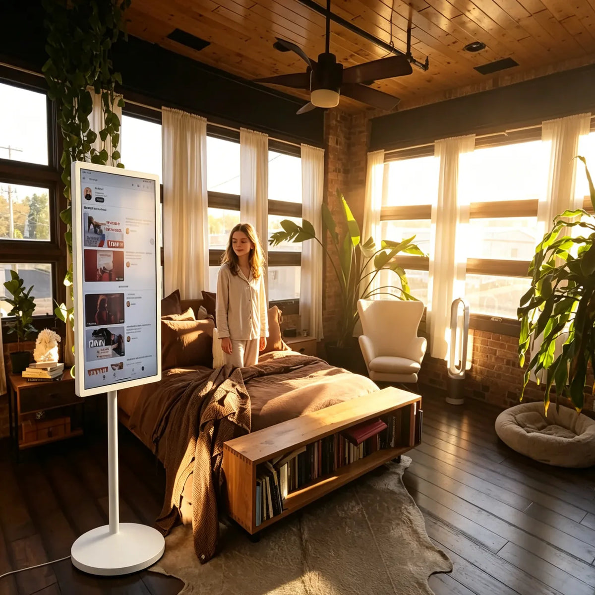 a girl use a GFF AI portable smart screen on wheels to play music in the morning bedroom