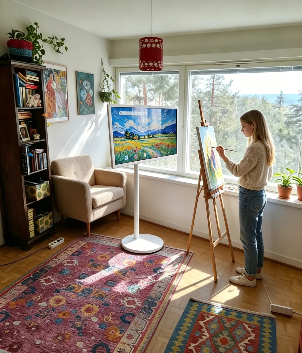 a girl paint with a smart screen on wheels