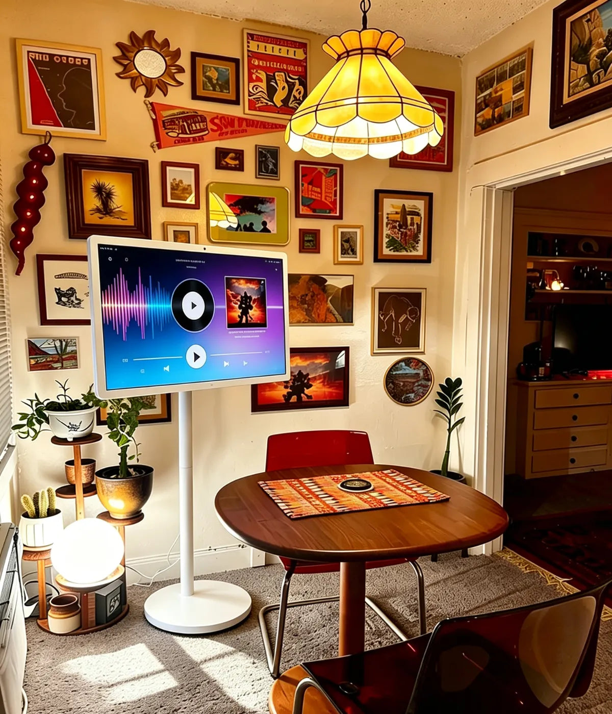 play music with a 32inch portable TV on wheels