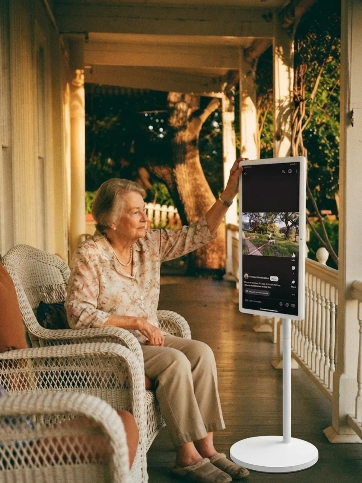 scrolling the short videos on the portable touch screen tv in the outdoor hallway