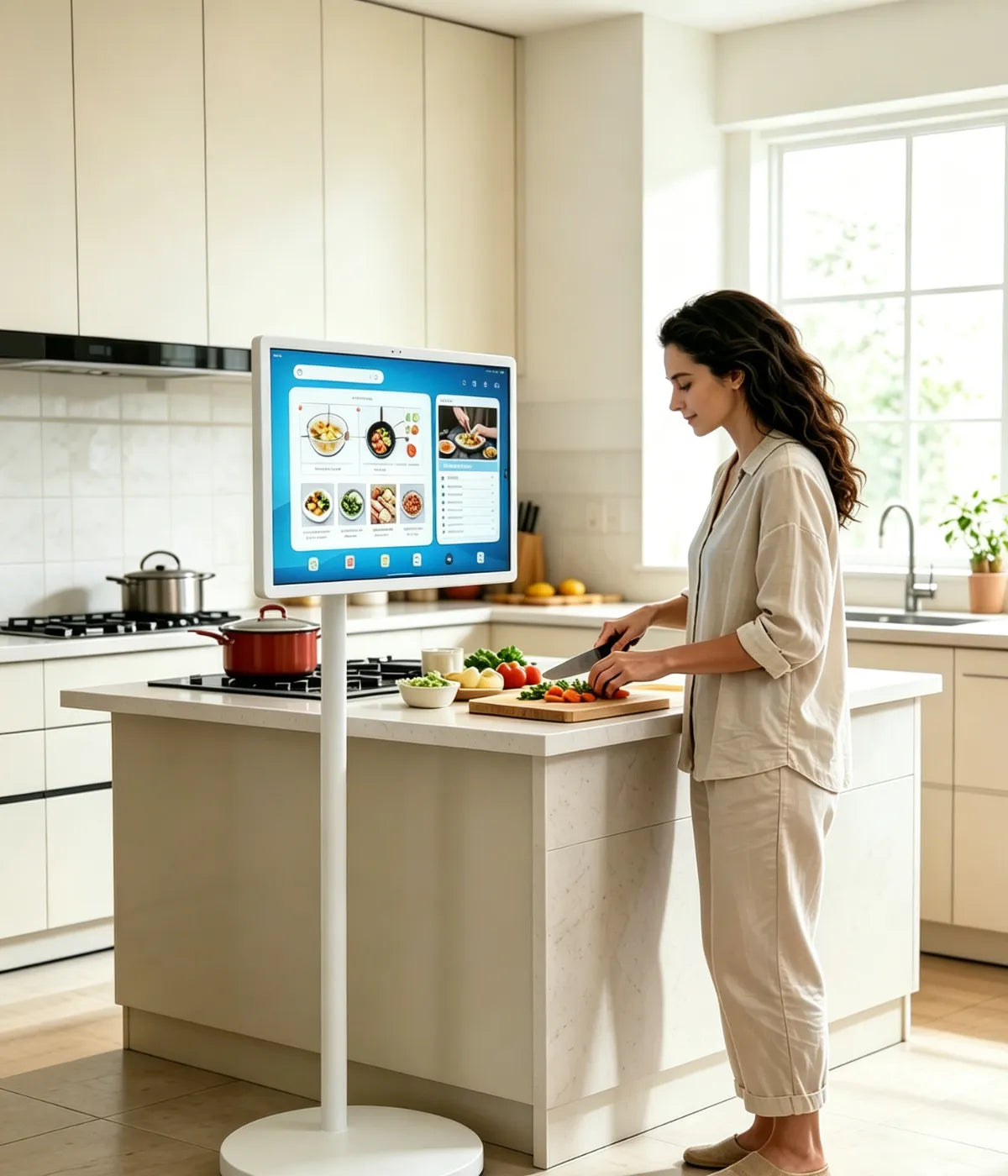 cooking with a portable TV on wheels