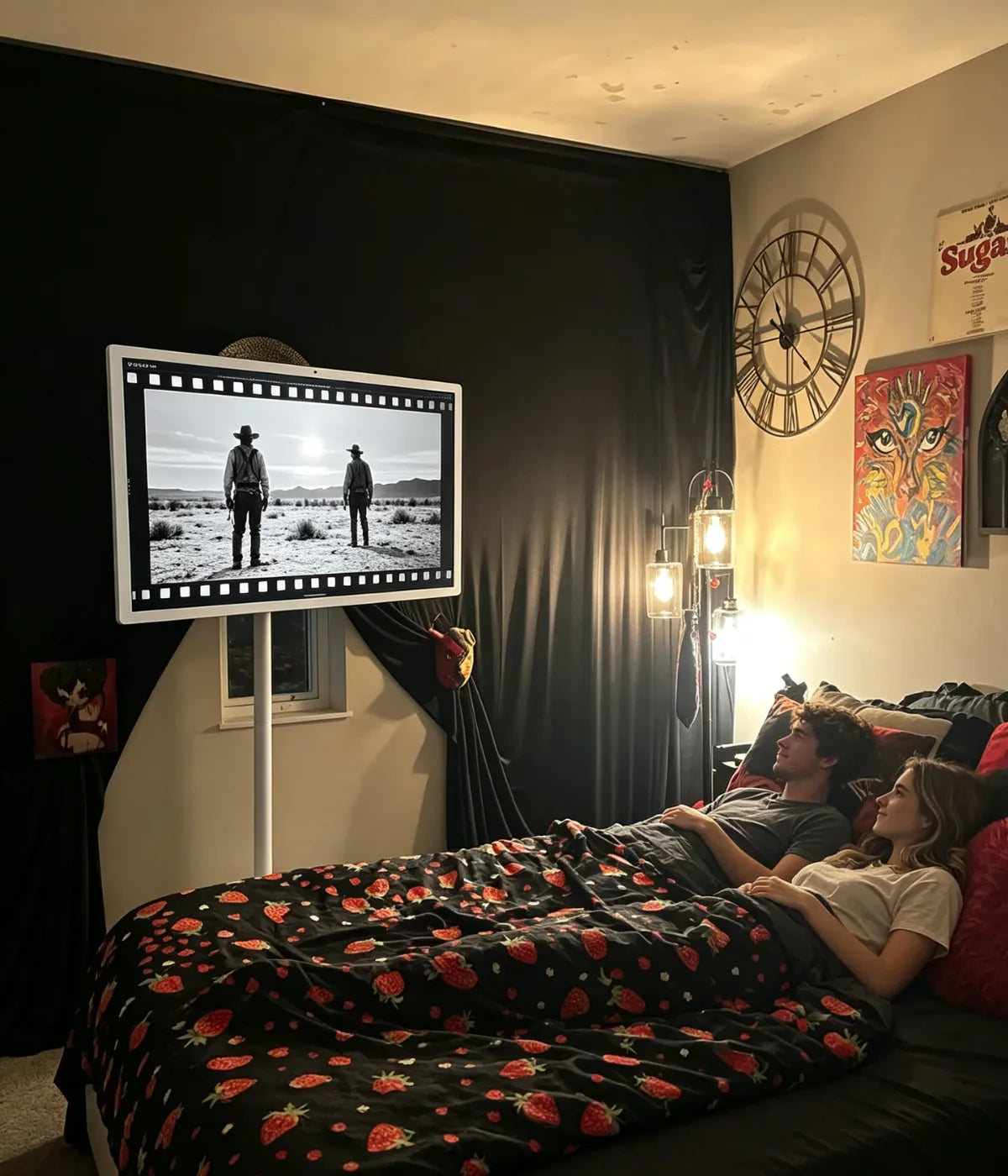 a couple watch movie in the bedroom, with a portable screen on wheels
