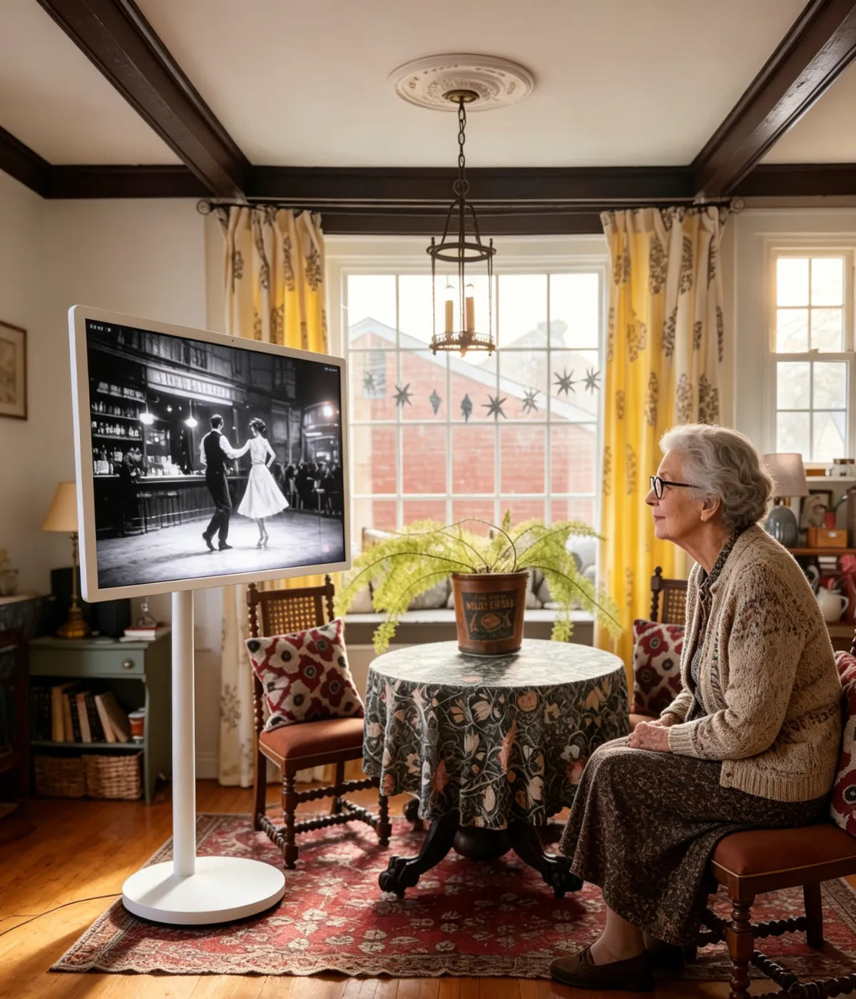 an old woman watching video with a potable screen on wheels