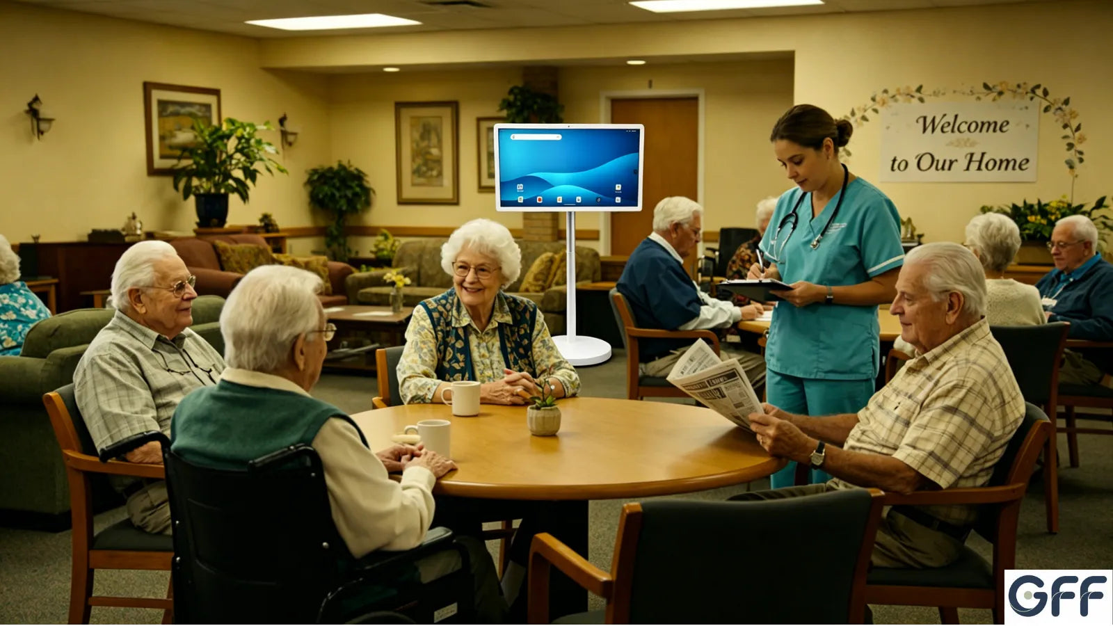 portable screen on wheels for senior care facilities
