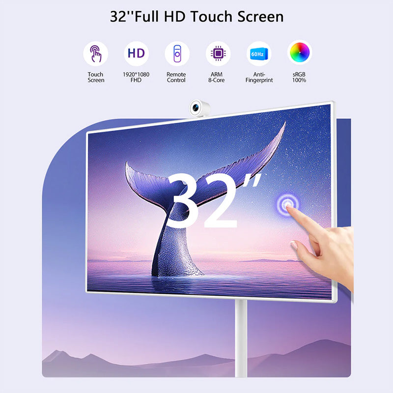 32 inch screen, 10-point FHD touch screen portable TV on wheels, smart digital display