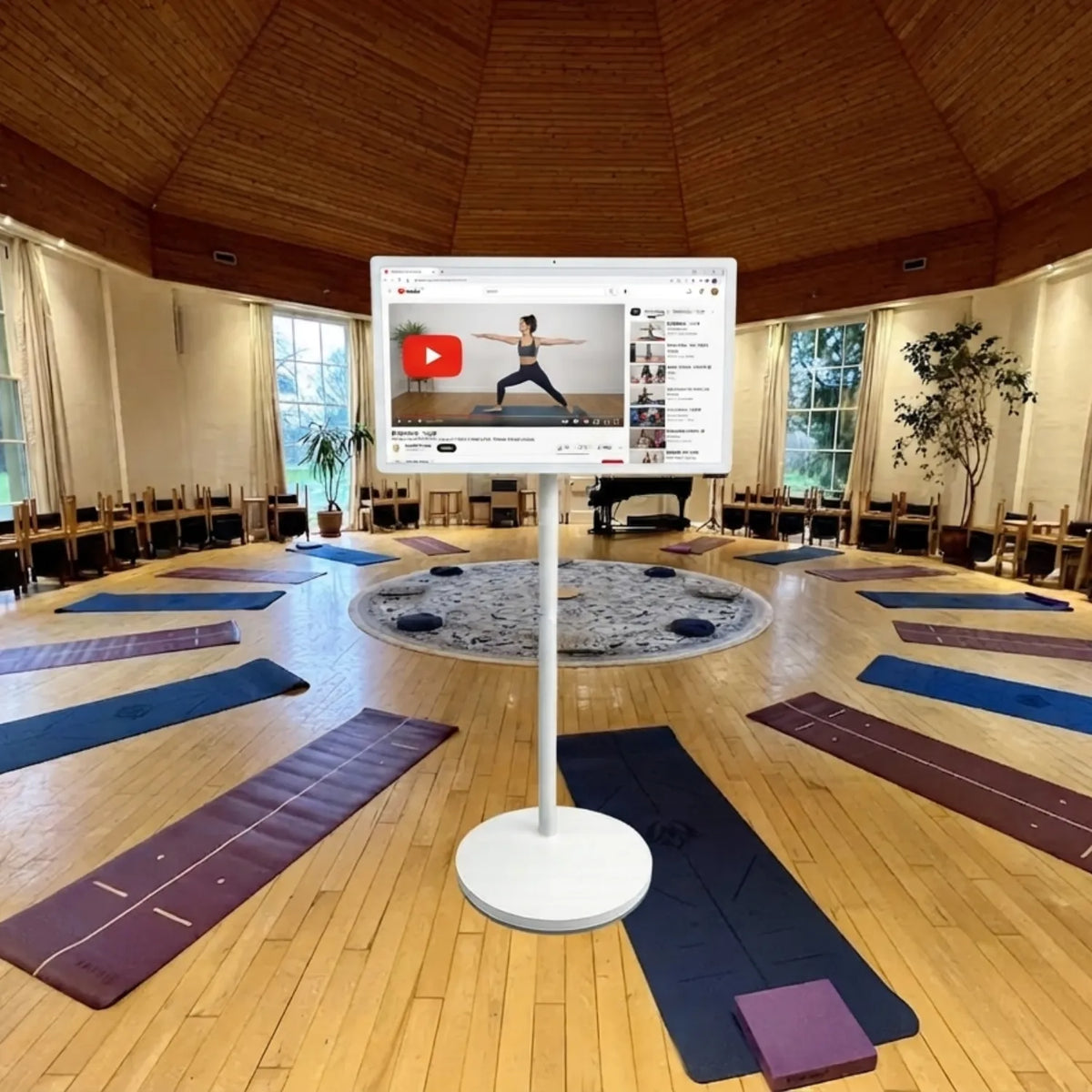 32inch portable screen on wheels in big yoga room