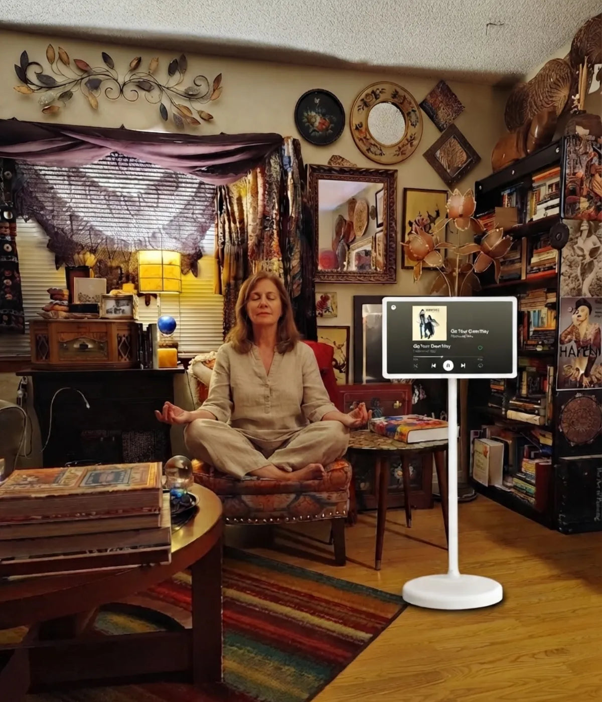 meditation with a GFF AI portable screen on wheels