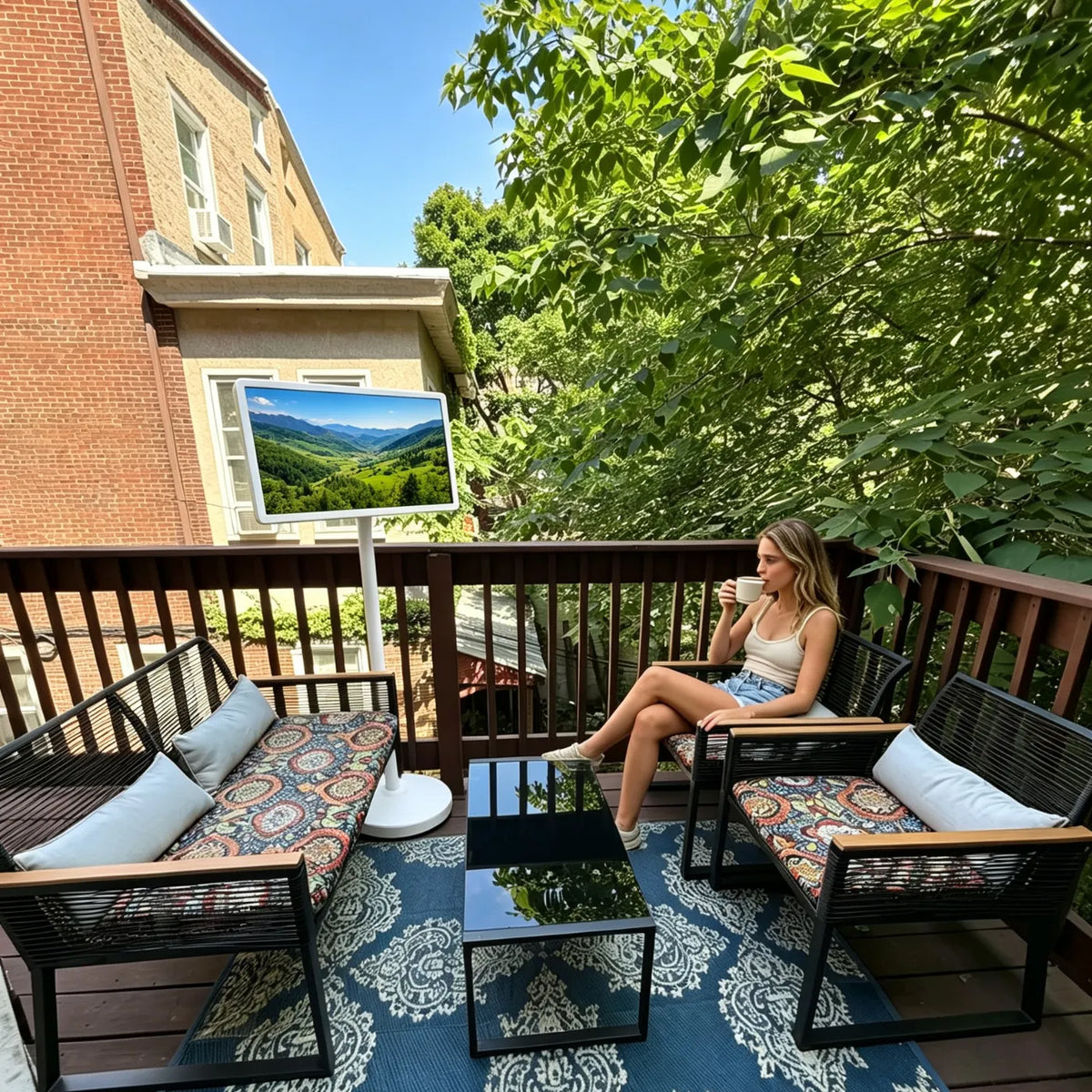 morning coffee with a portable TV on wheels in your balcony