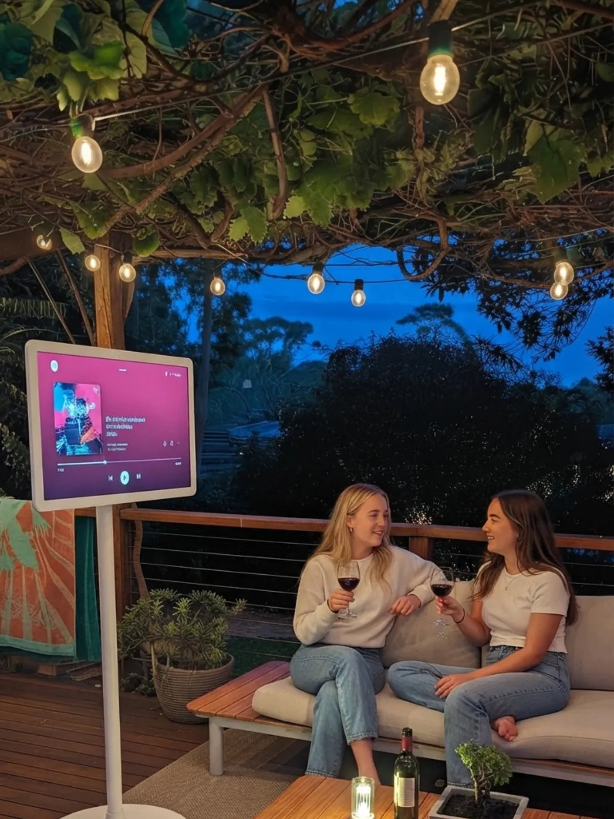 listening music on portable touch screen TV on wheels