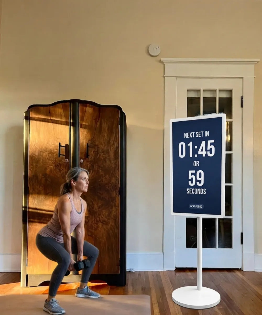 strength training with a portable tv on wheels