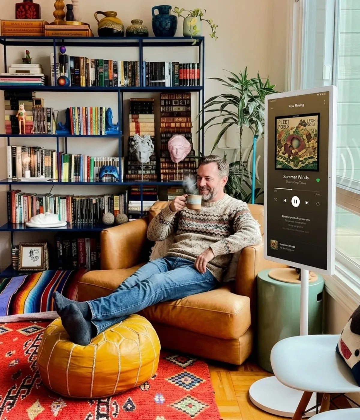 drink coffee and enjoy music with a portable TV on wheels