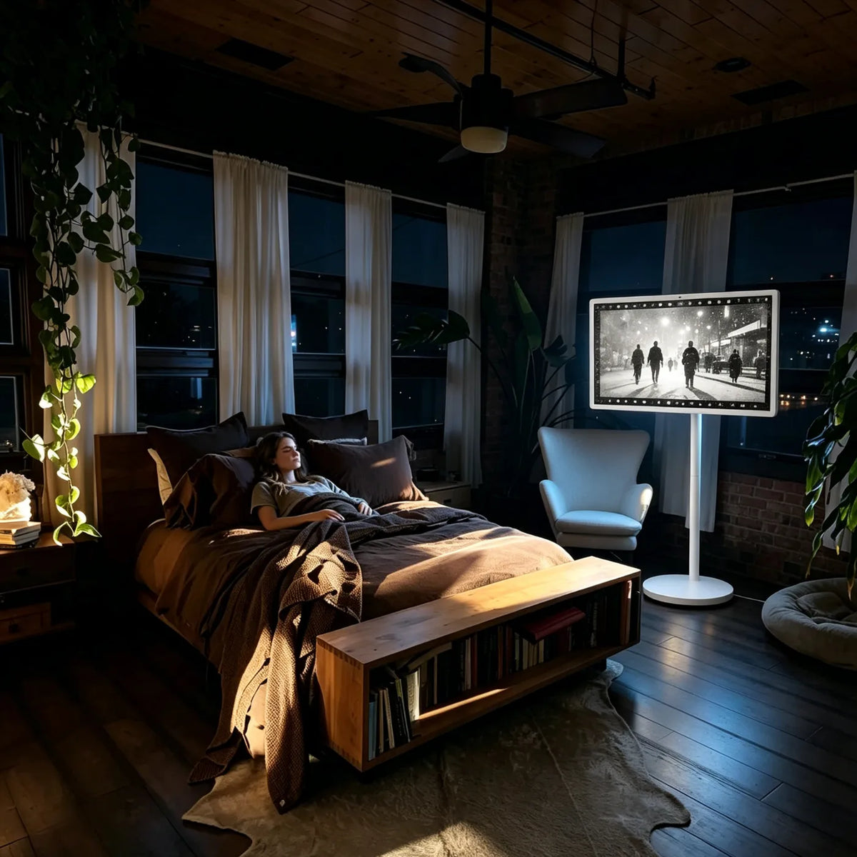It’s evening, and a girl is relaxing in bed, watching a movie on her 32-inch mobile GFF 4K smart screen.