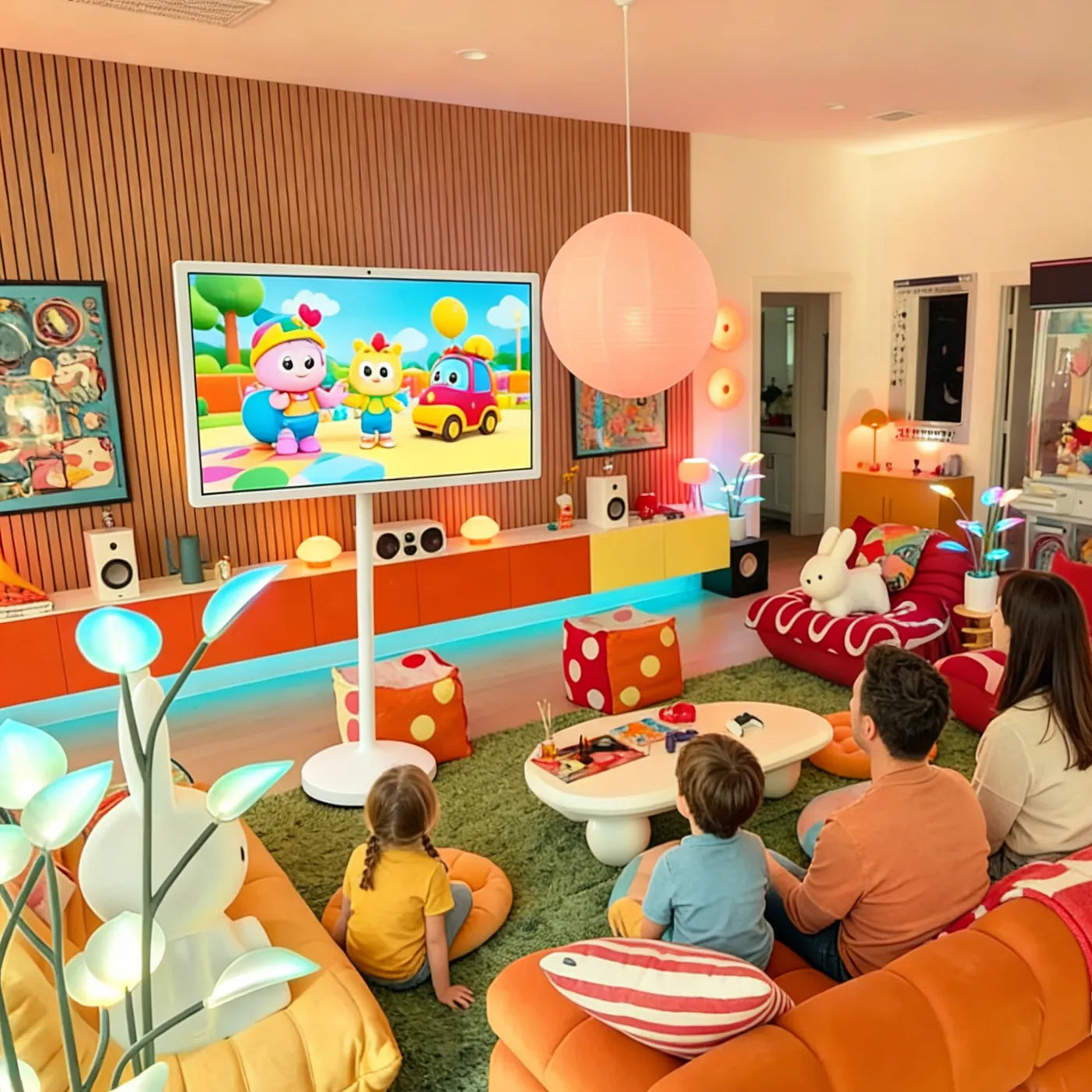 familys watch cartoon together with 32inch smart screen