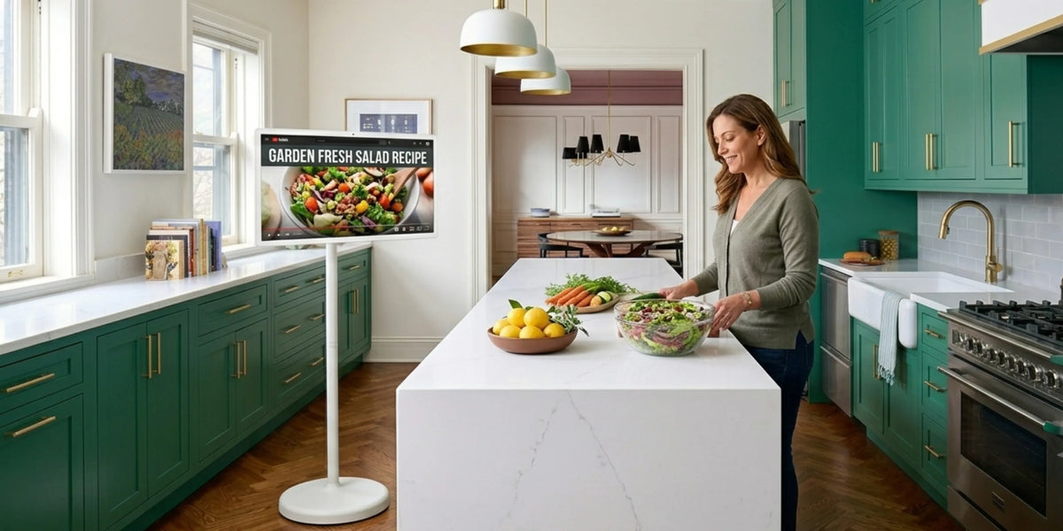 A woman is preparing lunch in the kitchen, with her GFF portable TV on wheels playing a cooking tutorial nearby