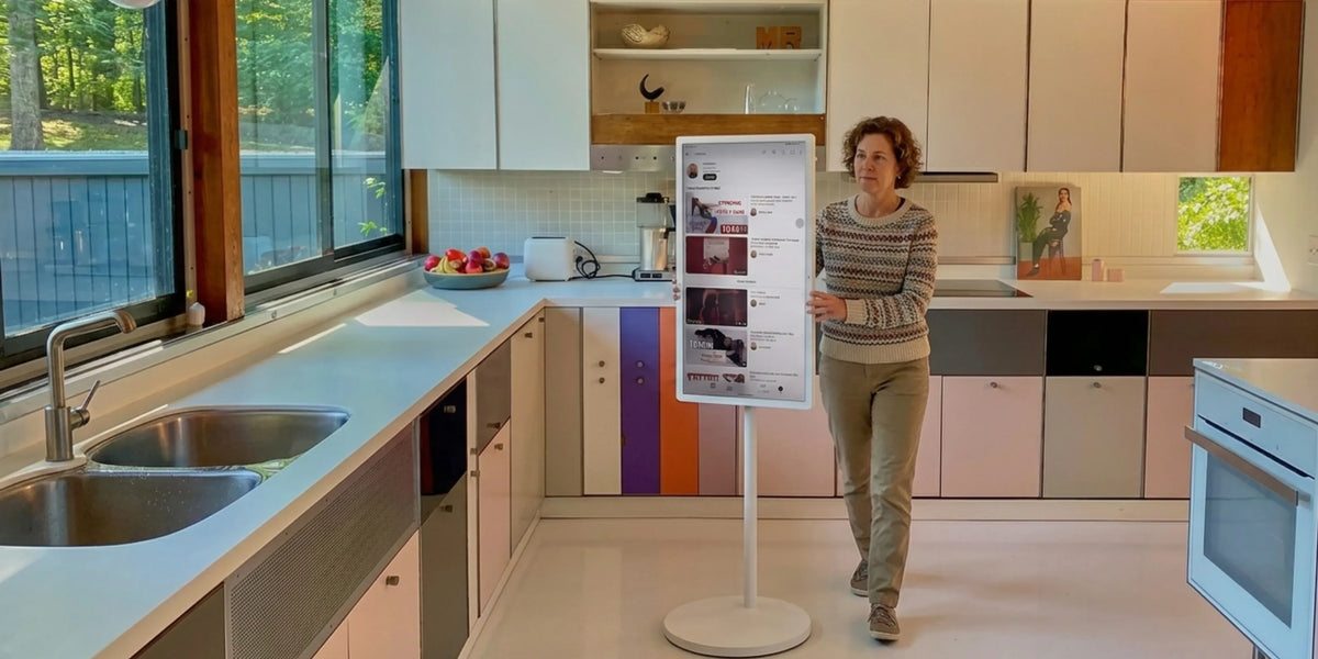 move a portable smart screen on wheels to living room