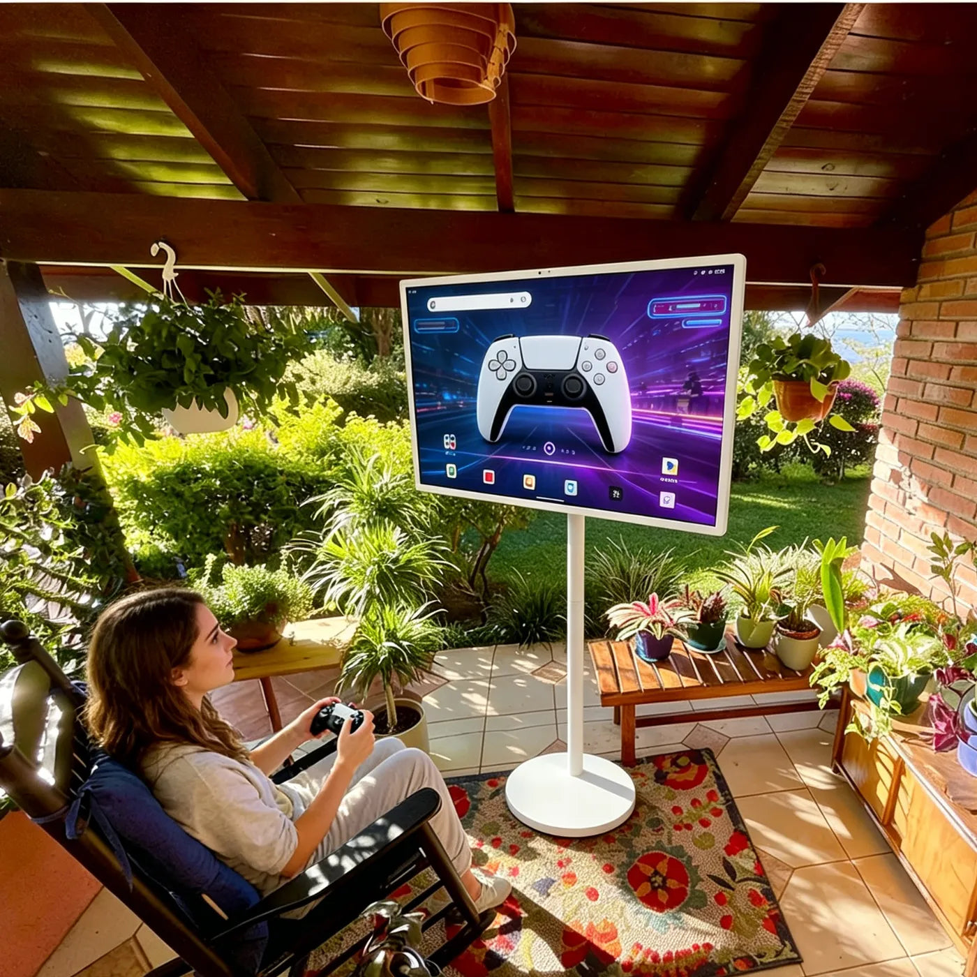 play games with 32inch portable TV on wheels on the terrace