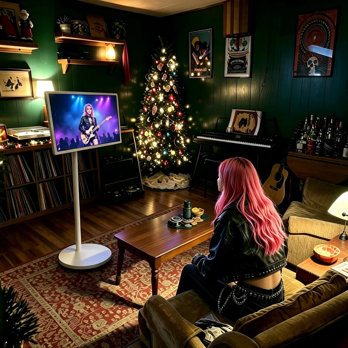 A punk girl is sitting in the living room, watching concert videos on her 22-inch GFF portable smart screen.