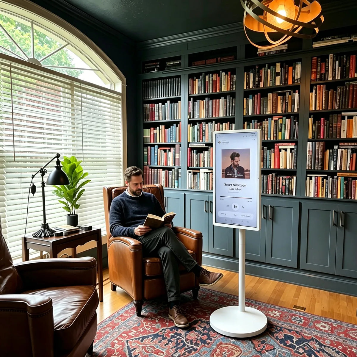 A guy is reading in his study, with a 4K portable TV on wheels from GFF playing background music in the corner