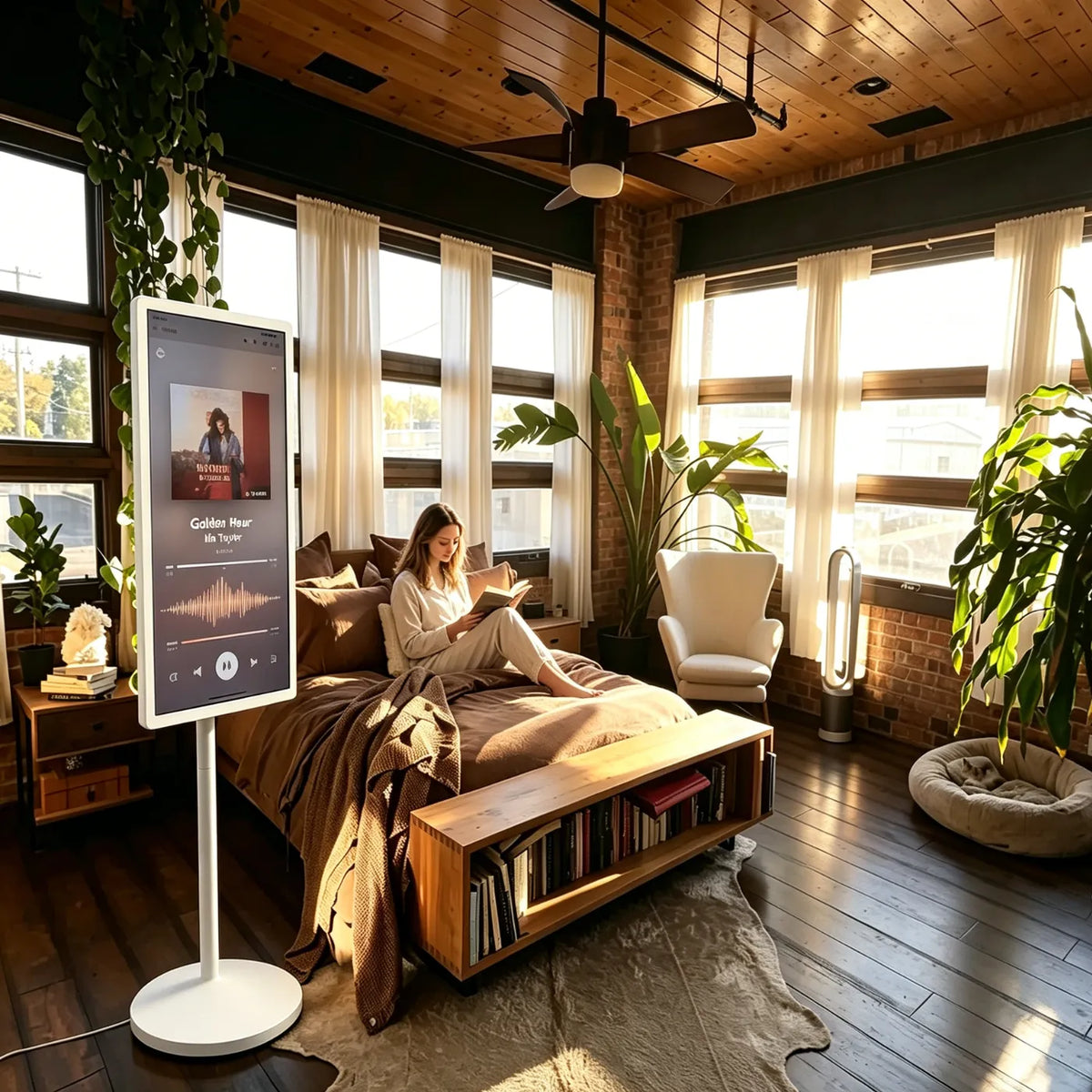 a girl sit on bed and read a book, with a portable tv on wheels playing music beside the bed