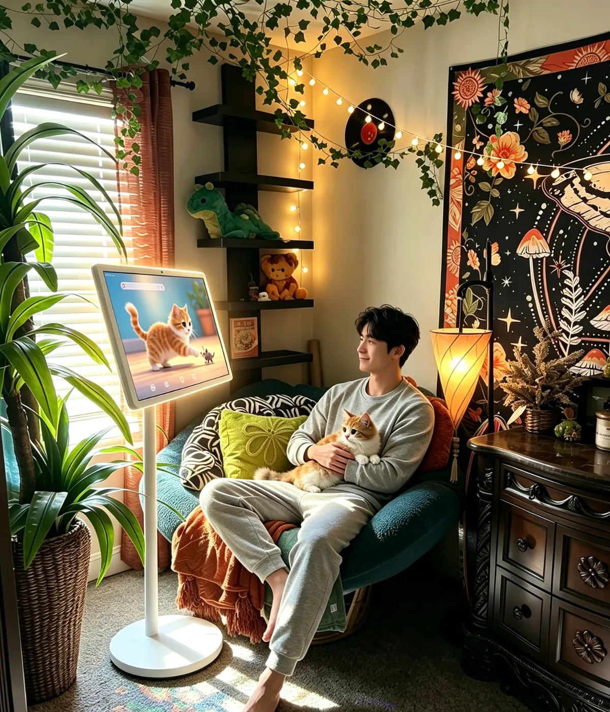 a man relaxing and watching cartoon, using a portable TV on wheels