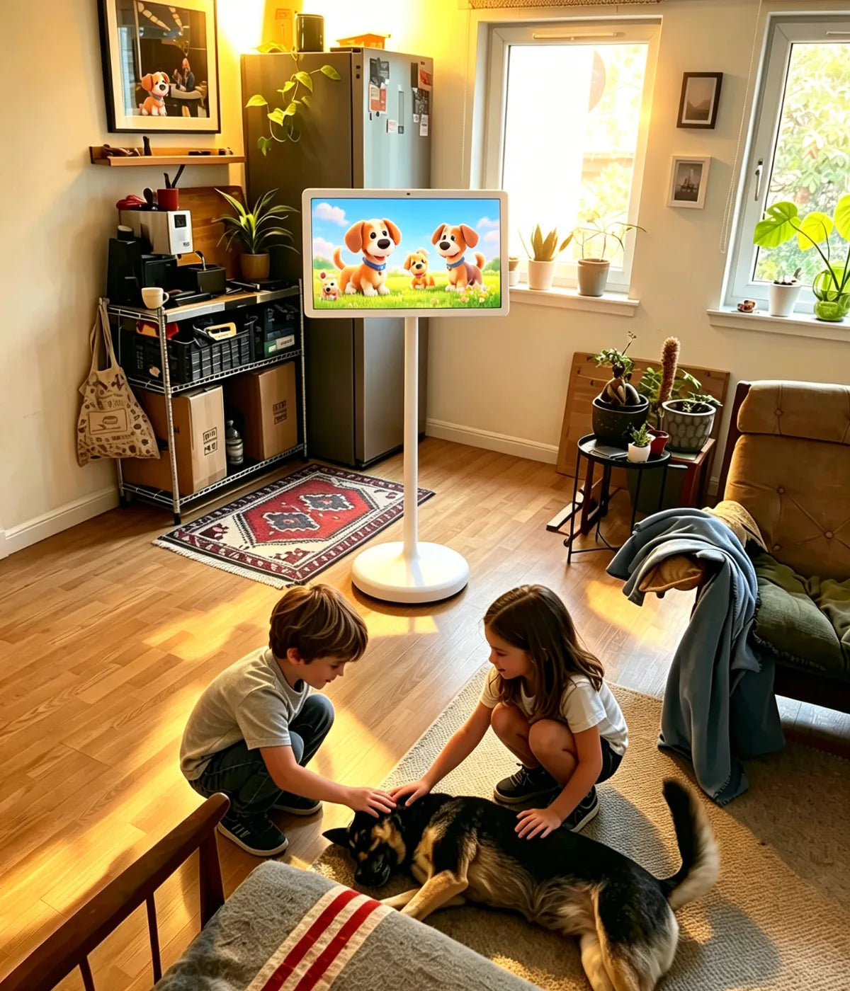 Two kids are playing with their pet and watching cartoons on a GFF portable TV on wheels