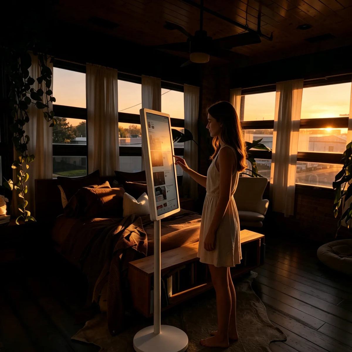 A girl is watching short videos on her GFF 4K portable TV on wheels in her bedroom this early evening.