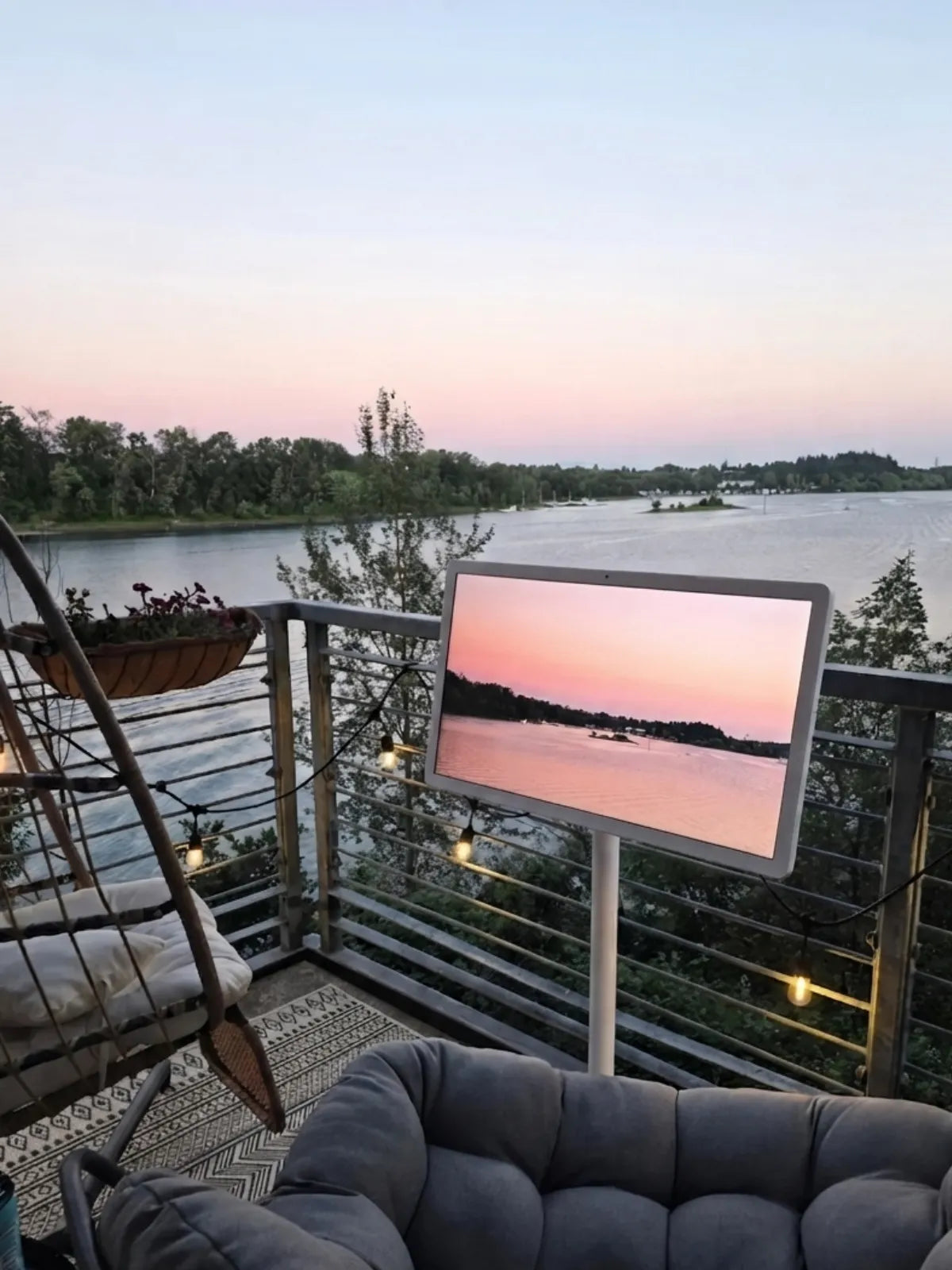 Hanging out on the balcony, streaming a movie on the rolling TV