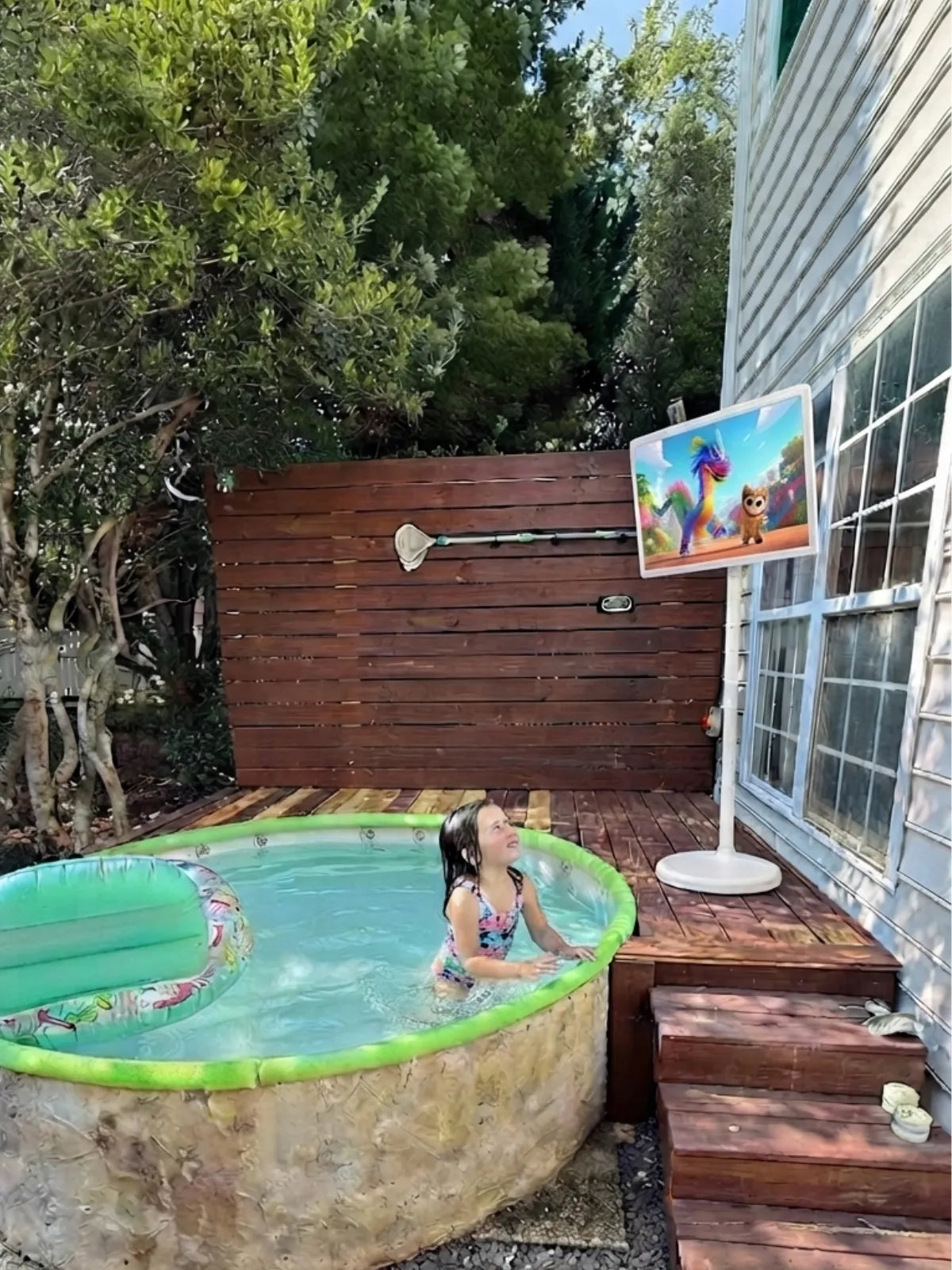 swimming and watch video on a portable touch screen tv on wheels