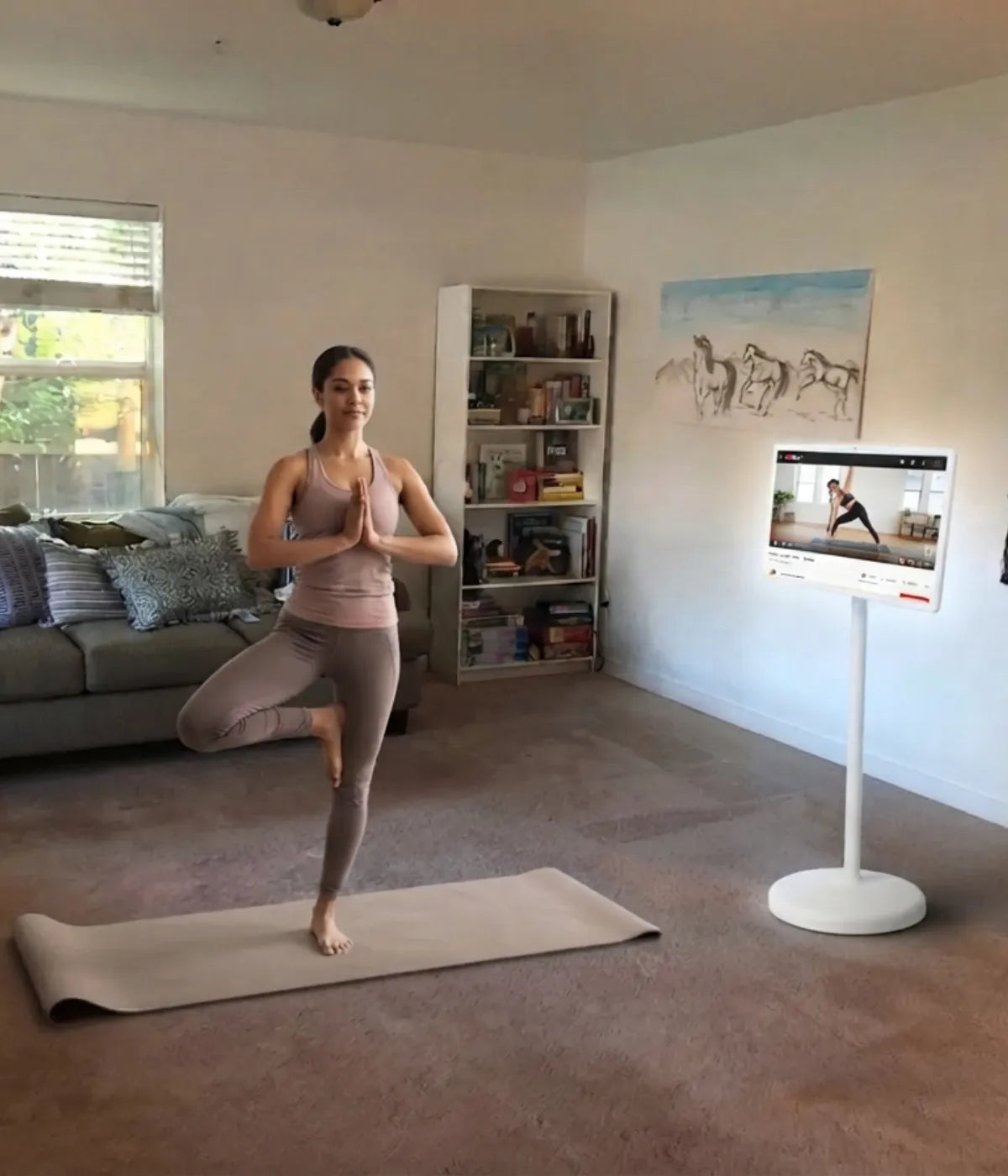 Yoga in the living room with a GFF AI portable TV